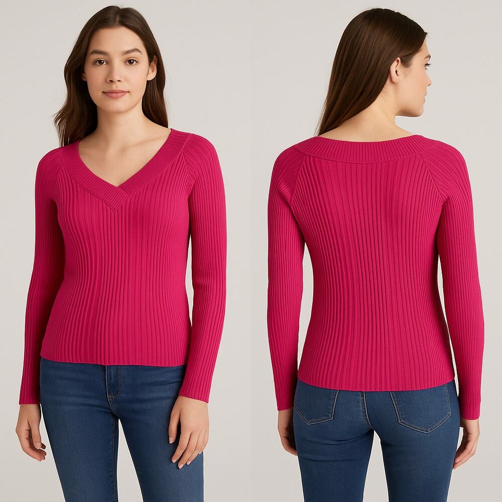 No Boundaries Fuchsia Ribbed Knit Long Sleeve Juniors XL V-Neck Stretch Casual